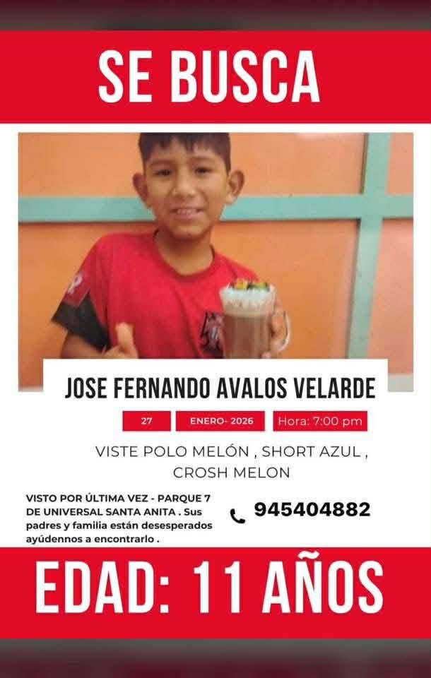 🚨 #LOÚLTIMO | TE ESTAMOS BUSCANDO JOSÉ 
 Fue visto por última vez por el parque 7 de Universal en Santa Anita. 

Cualquier información a los números de la imagen o la comisaría más cercana.