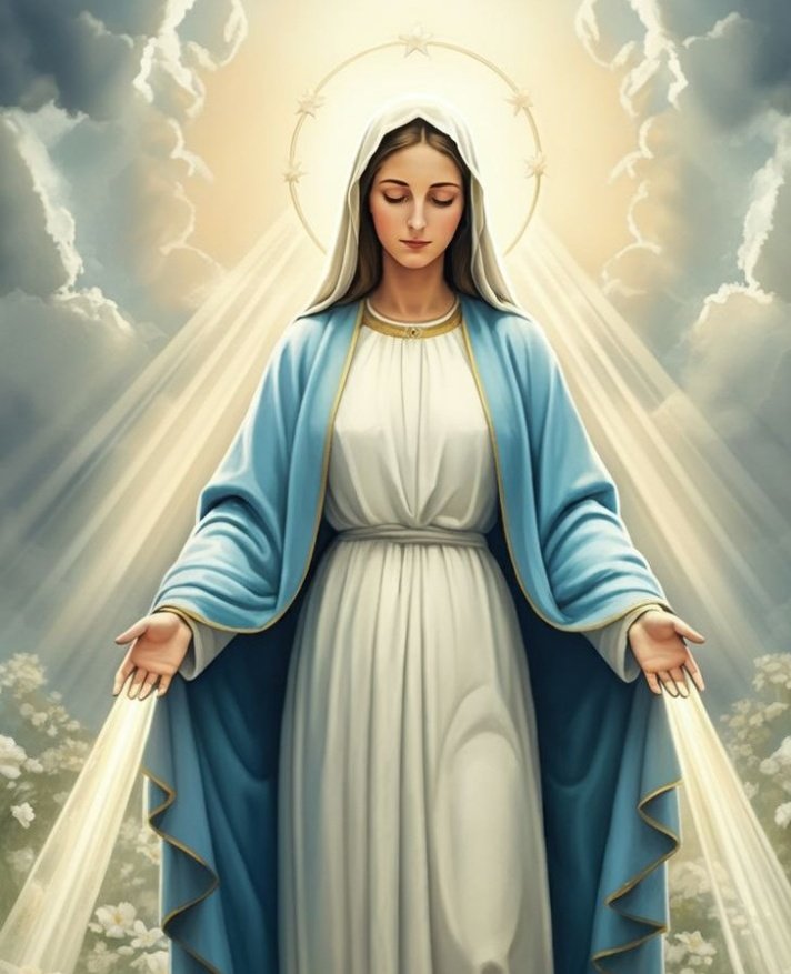 ✝️ Dios te salve, María, 
llena eres de gracia;
el Señor es contigo.
Bendita Tú eres 
entre todas las mujeres,
y bendito es el fruto de tu vientre, Jesús. 

Santa María, Madre de Dios,
ruega por nosotros, pecadores,
ahora y en la hora de nuestra muerte. Amén 🙏