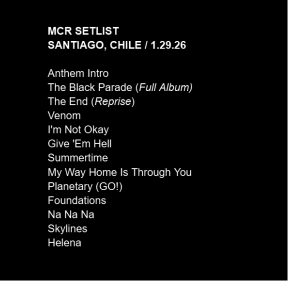 gwayupdates's tweet photo. #MCRCHILE2 Setlist 💥 https://t.co/pme14KP33V