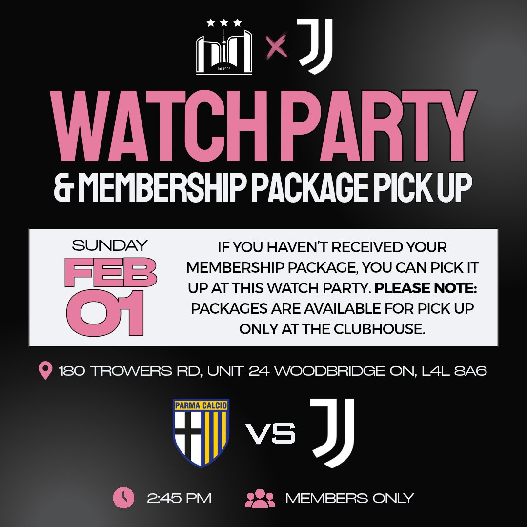 juveclubto's tweet photo. Kicking February off with Parma - Juve!

📆 Sunday February 1st 
🕒 2:45 pm
🚪 Doors open at 1:45 pm 

#Juventus #ForzaJuve #JOFCToronto #SerieA #UEFAChampionsLeague https://t.co/kFcBZcAGdN