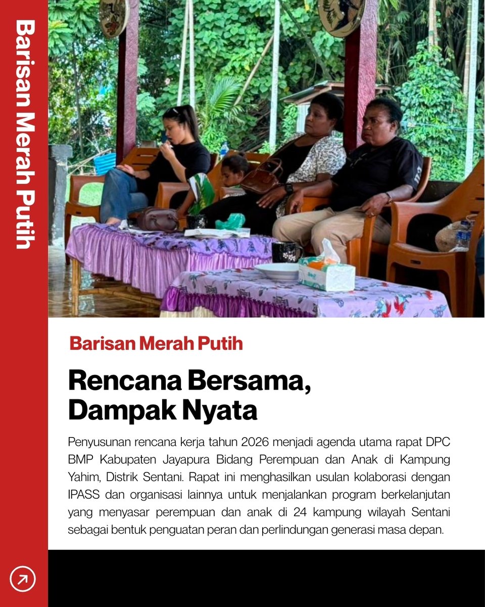 ToedjoeanSatu's tweet photo. Rapat Pengurus DPC BMP Kab. Jayapura Bidang Perempuan dan Anak digelar di Kp. Yahim, Sentani, membahas rencana kerja 2026. Fokus kolaborasi lintas organisasi untuk program pemberdayaan perempuan dan anak di 24 kampung wilayah Sentani.
#BMPJayapura #PerempuanDanAnak #KerjaNyata https://t.co/rGzE9ZevQP