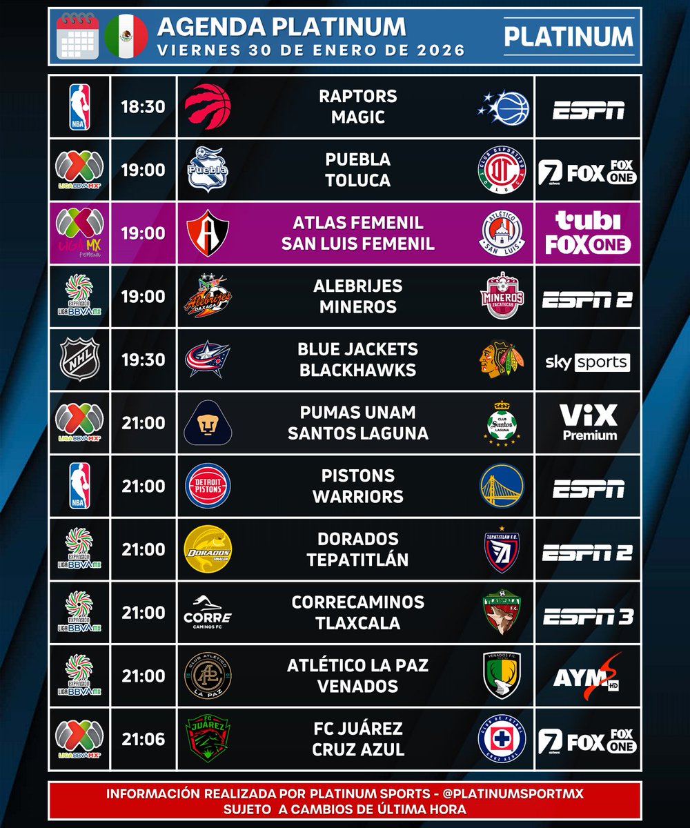 ¡ÚLTIMO VIERNES DEL MES!

🇲🇽 #AgendaPLATINUM
🗓️ Viernes 30 de Enero de 2026

⏰📺 Horarios y transmisiones para México.
⚠️ Sujeto a cambios.