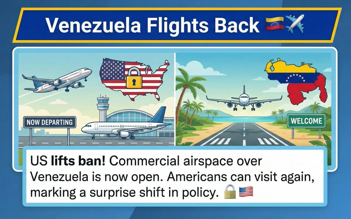 UpdateWasPlain's tweet image. 🚨Venezuela Flights Back 🇻🇪✈️

US lifts ban! Commercial airspace over Venezuela is now open.
 Americans can visit again, marking a surprise shift in policy. 🔓🇺🇸