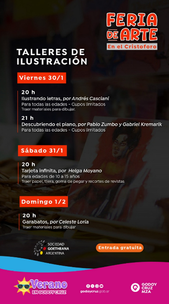 ¡Desde mañana viernes!

Feria de Arte en el Cristóforo

*Participo exponiendo a precios accesibles el día sábado 31 de enero desde las 19 hasta las 23 hs.
El viernes 30  dictaré un taller de ilustración.

-30/31 de enero de 2026, de 19 a 23 hs, en el Centro Cristóforo Colombo