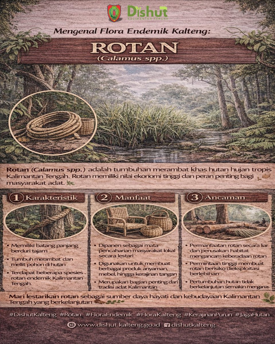 DishutKalteng's tweet image. 🌿 Mengenal Flora Endemik Kalteng: Rotan (Calamus spp.)

Rotan adalah tumbuhan merambat khas hutan hujan tropis Kalimantan Tengah. Batangnya panjang, lentur, dan berduri tajam, sehingga mampu memanjat serta melilit pohon-pohon besar di hutan. 

#DishutKalteng #Rotan