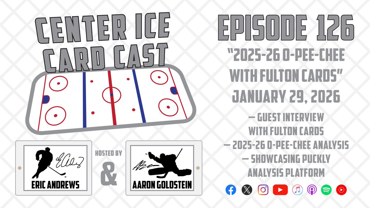 CenterIceCC's tweet image. Episode 126 is available!

Well-known hockey card YouTuber Fulton Cards joins the show to analyze 2025-26 O-Pee-Chee.

Episode topics:
— Guest interview with Fulton Cards
— 2025-26 O-Pee-Chee analysis
— Showcasing Puckly analysis platform