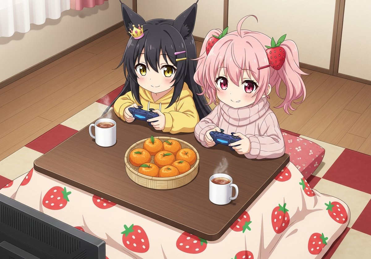 Mahoubito's tweet photo. 「ツムちゃん家でゲーム」
最初はミライちゃんがおこたでゲームってイメージだったのですが、炬燵布団と絨毯の境目がなく、何となく苺柄にしたのでツムちゃん家で遊んでいる感じにしました。2枚目はおまけです←
―――
ImageFXで作成
#ミライファンアート #ツムファンアート #AIイラスト #AIart https://t.co/HM2scAZKJz