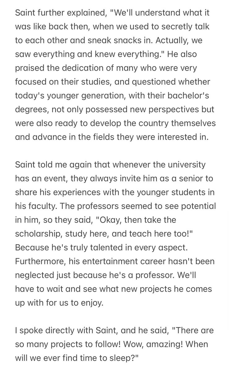 Guguching1's tweet photo. 💬 Saint added, "It's not stopping here," because he is now planning to pursue a doctorate to become a Ph.D.

💬I spoke directly with Saint, and he said, "There are so many projects to follow! Wow, amazing! When will we ever find time to sleep?" 

TikTok: khaosamsee

#Saint_sup https://t.co/fg9z9GZLDe