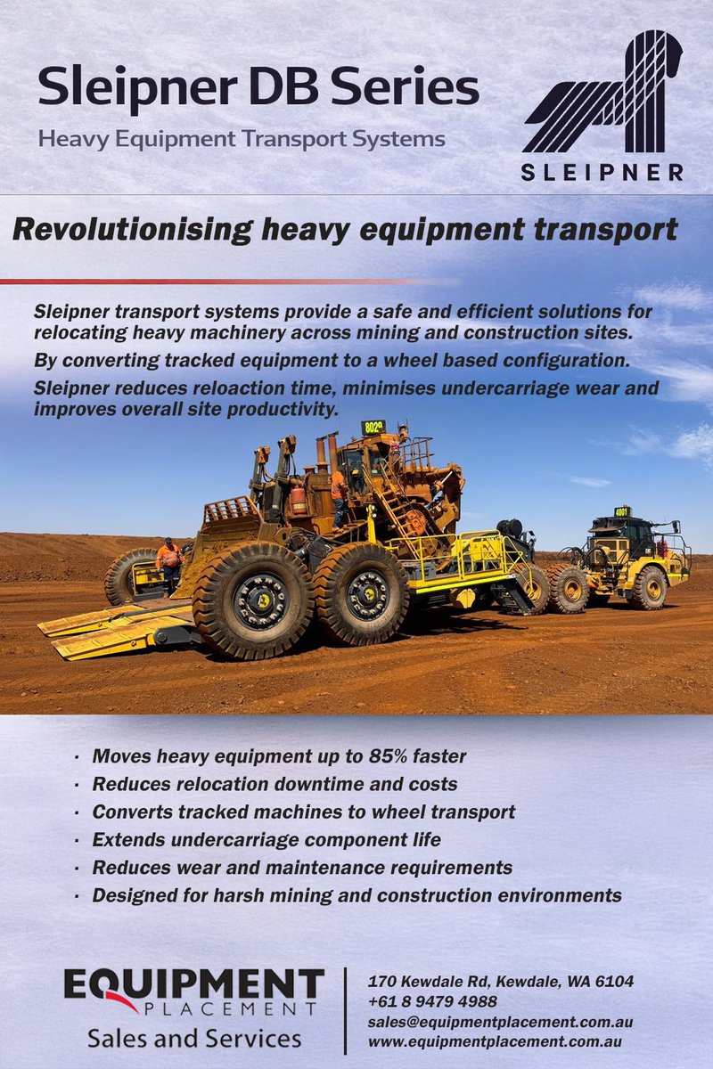 EquipPlacement's tweet photo. Sleipner’s DB Series transport systems convert tracked machinery into wheel-based transport, allowing excavators &amp; dozers to be relocated up to 85% faster across mining &amp; construction sites. Less downtime, wear &amp; cost.
sales@eqgroup.com.au | https://t.co/TSN4Y4jkux | +61894794988 https://t.co/18Mnb3lrja