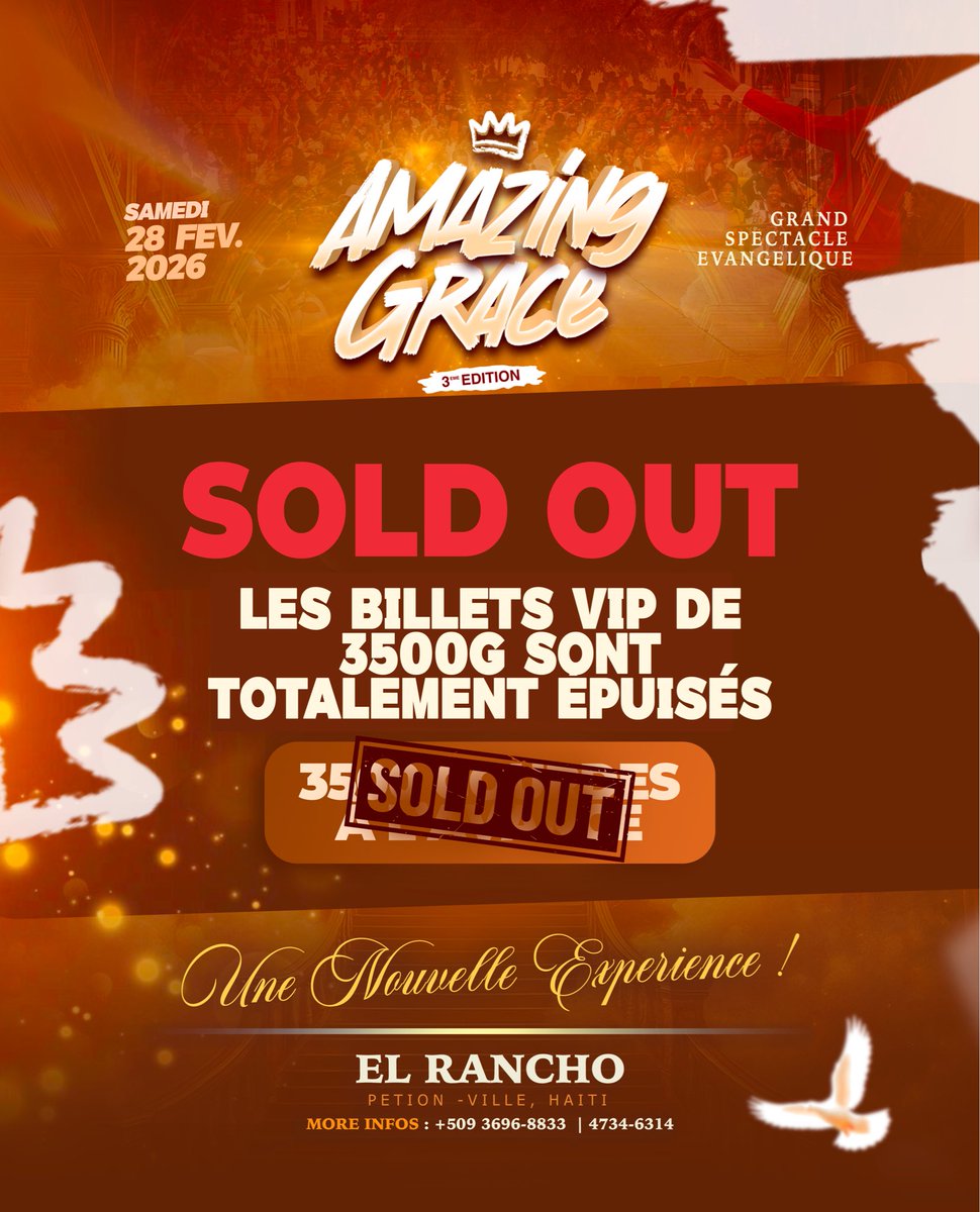 amazingraceht's tweet photo. Nous informons le grand public que les billets VIP de 3500G sont épuisés. Merci pour votre intérêt et votre confiance. #AG26 https://t.co/ZiMyYsyWr0