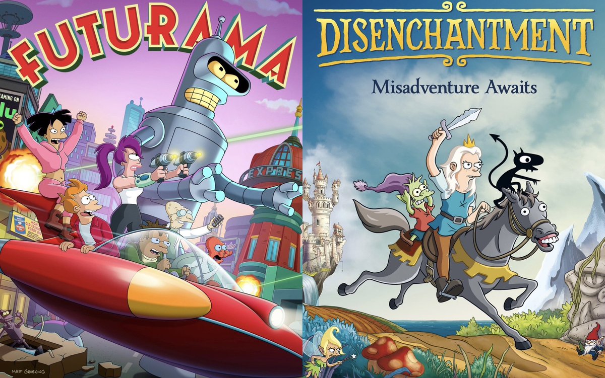 TheeIdeas's tweet photo. Futurama and Disenchantment are two sides of the same Groening coin: one’s a neon future, the other’s a muddy past, but both feature a misfit trio (Human/Chaos Monster/Naive Foil) searching for family in a world that doesn’t make sense. https://t.co/LRmFSMaBcK