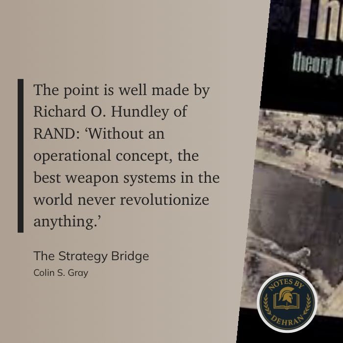 DehranNotes's tweet photo. 10 + 01 insights emphasizing that technology or weapons only become transformative when linked to ideas, doctrine, or strategy:

"The point is well made by Richard O. Hundley of RAND: ‘Without an operational concept, the best weapon systems in the world never revolutionize anything.’" 

(Colin S. Gray, The Strategy Bridge) 
Pic credit book by @Jack_Watling
