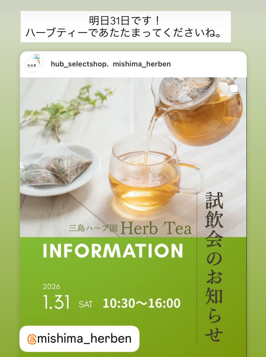 HUB_SELECTSHOP's tweet photo. 明日31日は、いつも人気
三島ハーブ園さんの
🌿ハーブティー試飲会🌿
美味しいハーブティーで温まってくださいね。
お待ちしております🌿
#ハーブティー 
#Fビレッジ https://t.co/a8G9Zg5Ja7