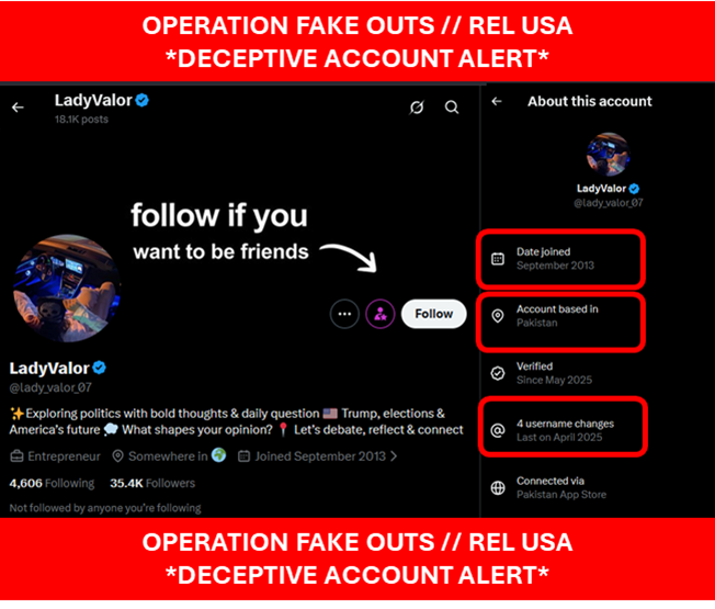 StratigusMil's tweet photo. @lady_valor_07  is a fake account from Pakistan. I despise fake accounts by foreigners distracting, deceiving, disrupting, and undermining America. #operationfakeouts #fakeaccount #foreignagent #disinformation #psyop #psychologicaloperations  #IO #informationoperations @elonmusk https://t.co/vRcdvDeyvD