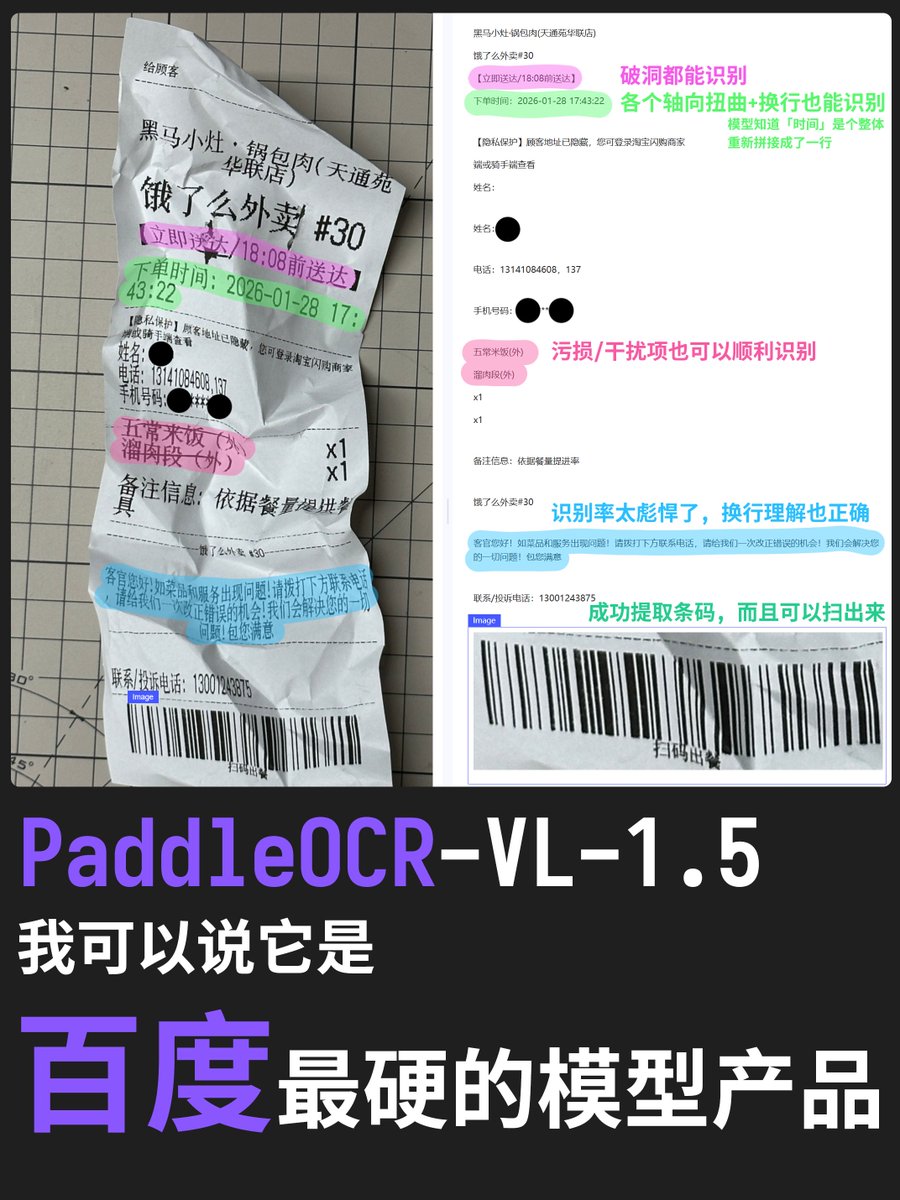 百度刚刚发布了PaddleOCR-VL-1.5! 团成一团再展开的票面都能识别!

我敢说 PaddleOCR 是我体验过的百度腰板最硬的模型产品, 为什么说是「模型产品」而不是「模型」? 因为它各处细节的优化真的是面向用户去思考的.

之前 PaddleOCR-VL 发布的时候, 我给大家测过发票, 当时的 VLM