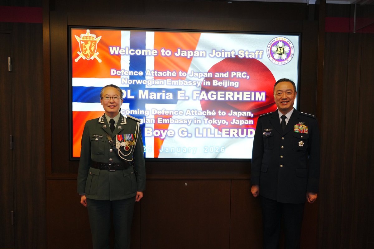 JapanJointStaff's tweet photo. On January 26th, #CSJJS Gen UCHIKURA Hiroaki presented a citation and Defense Cooperation Medal to COL Marie Elisabeth FAGERHEIM, Defense Attachรฉ to Japan and PRC, Norwegian Embassy in Beijing, who will leave her post soon.๐ฏ๐ต๐ค๐ป๐ณ๐ด
https://t.co/1bfVHW3y9b https://t.co/cOgxXMeLJX