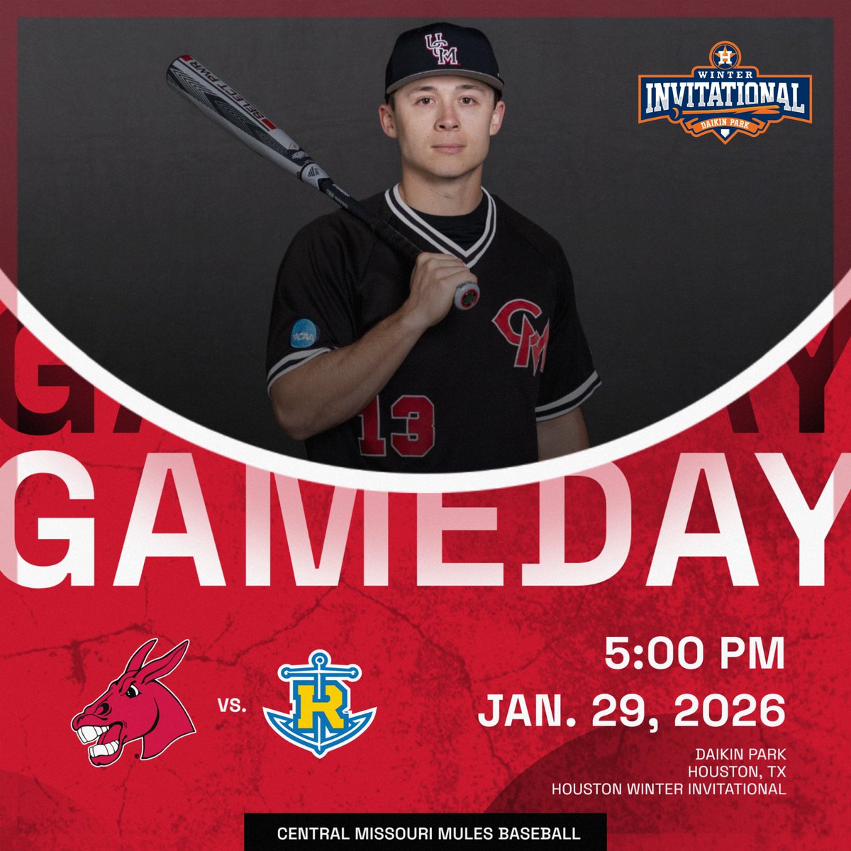 The 2026 season starts tonight in H-Town❗️

🆚 | Rollins College
🕔 | 5 PM
🏟️ | Daikin Park
📻 | 98.5 The BAR FM
🔊 | WarrensburgRadio.com
💻 | TheMIAANetwork.com/UCMMULES ($)
📈 | UCMAthletics.com/gamedaystats
🎟️ | atmlb.com/3ui30jv

#teamUCM x #RollStable