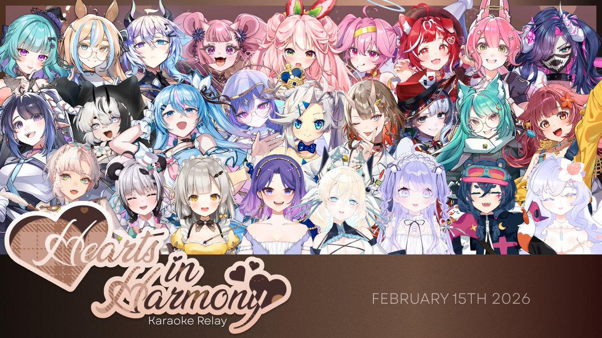 VIVARIA Virtual Presents:
HEARTS IN HARMONY KARAOKE RELAY 🍫💘

26 vtubers are singing their hearts out starting at 
10 AM PST / 11 AM MST / 1PM EST
📅 Feb 15th 2026
