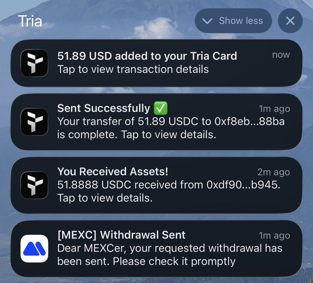 Market crash today.. but I got profit from $BTC open Short yesterday. without further ado.
Move some usdc to <a href="/useTria/">Tria</a> wallet 
for groceries and dinner this weekend.
This is my -#TriaIRL with web3 lifestyle.
