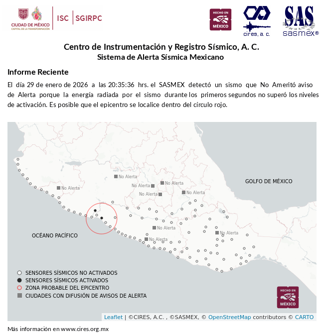 SASMEX's tweet image. Informe preliminar del #Sismo detectado el 29-ene-26 a las 20:35:36 hrs.  #TenemosSismo #LaPrevenciónEsNuestraFuerza