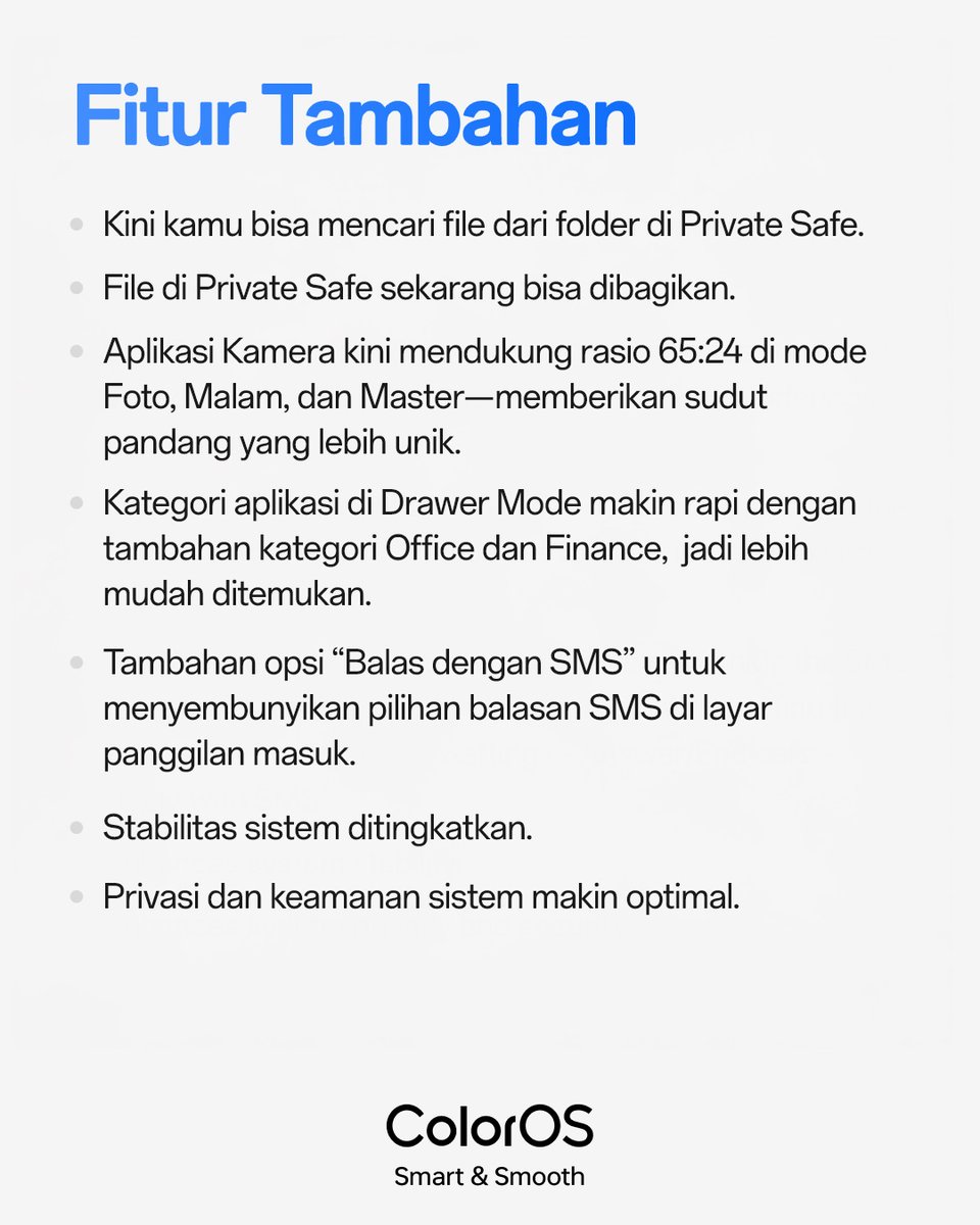 OPPOIndonesia's tweet image. Ini dia fitur-fitur terbaru #ColorOS16 bulan Januari 2026!

Fitur mana yang jadi favoritmu? 🤔 #MoreColorEveryMonth.