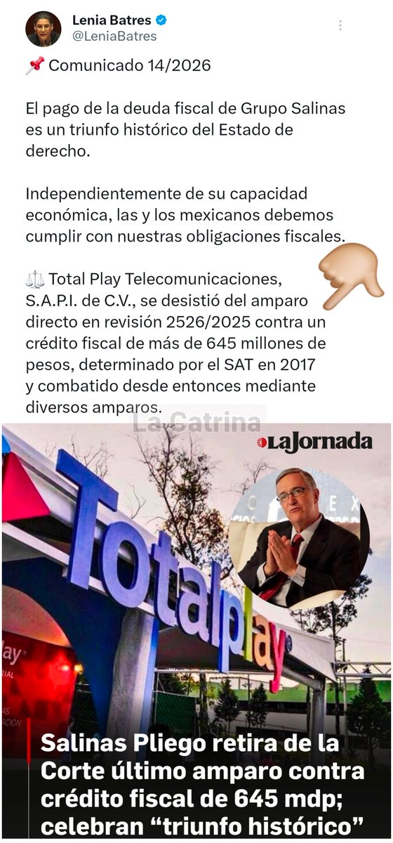 #ULTIMAHORA
🚨 LE LLUEVE SOBRE MOJADO a Salinas Pliego

Afirma la Ministra del Pueblo <a href="/LeniaBatres/">Lenia Batres</a>, que Total Play se acaba de desistir de un amparo que tenían desde el 2017 y que tendrá que pagar más de 645 MDP, que son muy aparte de los 32 MIL MDP que está pagando ahora.

Me