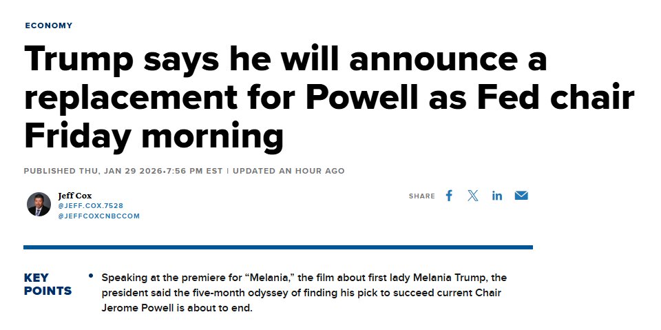 desmondwira's tweet image. Trump mengatakan dia akan mengumumkan pengganti Powell sebagai ketua Fed pada Jumat pagi

Berarti nanti malam (WIB)

Siap-siap reaksi pasar. Potensi volatil