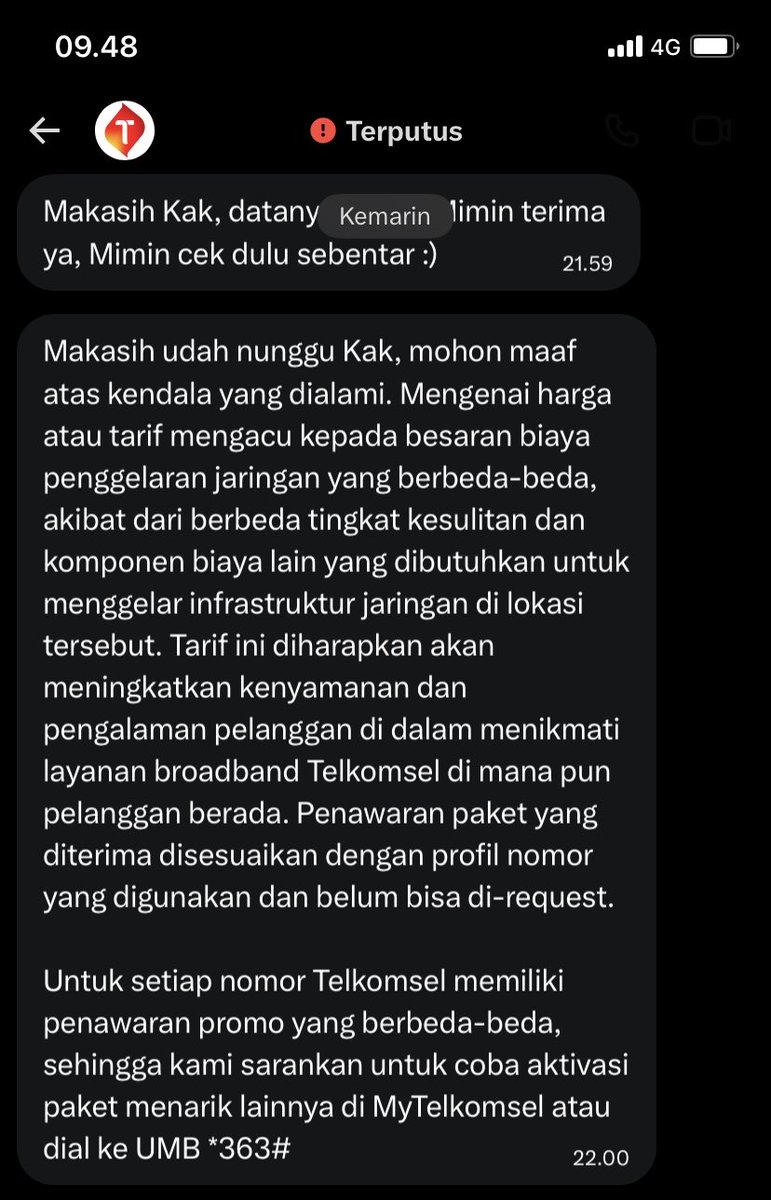 storminjune's tweet photo. hasil dari dm telkomsel
alasannya krn biaya penggelaran jaringan yg beda beda, akibat beda tingkat kesulitan dan biaya lain dlm menggelar insfrastruktur
padahal yg ngeluh harga naik gk di satu daerah doang njir, seluruh indo yg ngeluh
emg seluruh indo insfrastrukturnya sm? https://t.co/LnRrk1LlYY