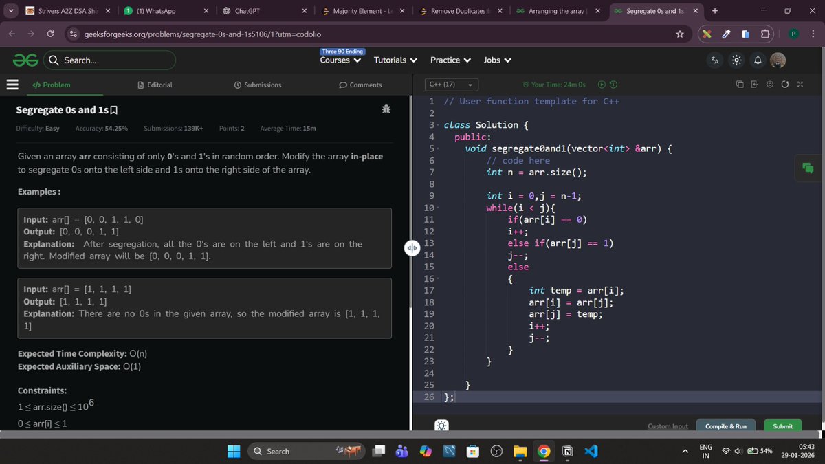SumitSahoo78's tweet image. #Day10 of DSA journey 🚀

Worked on array problems today: arranging arrays, segregating 0s &amp;amp; 1s, majority element, removing duplicates, and finding the largest element.

Thinking better. Coding cleaner. 🧠💻
Inspired by @rohit_negi9

#Day10 #DSA #Arrays #CodingJourney