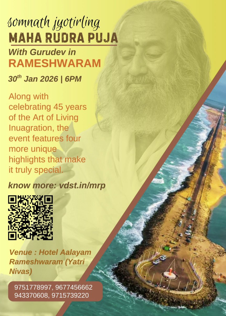 AOLSwamiji's tweet photo. One year ago, Gurudev blessed me to take the Somnath Jyothirlingas to Kerala and thousands of devotees had Darshan in different parts of Kerala. 

And Today is the MOST AWAITED DAY!!!  

MAHA RUDRA PUJA in the presence of @Gurudev  in RAMESHWARAM 

Teertham from all 12 Jyotirlinga temples are brought by eminent pandits and scholars of the temples. At these temples, Ekadasha Rudram is chanted and Teertham (the sacred waters) are brought to Rameshwaram for Maha Rudra Puja.

 *** Pancha Bhoota Sthalas

Teertham from Tamil Nadu Pancha Bhoota Sthalas, after Rudra Abhishekam, are brought together to Rameshwaram for Maha Rudra Puja.

 ***Recitation of Kolaru Pathigam

Across more than 180 centers worldwide, lakhs of devotees participate live and simultaneously in the collective recitation of the sacred Kolaru Pathigam.

 *** 45th Anniversary Inauguration

Celebrating the grand milestone of 45 years of The Art of Living.
 
*** Grand Satsang & Darshan

Somnath Jyotirling Darshan and Grand Satsang for all participating devotees.

 Join Somnath Jyotirling Maha Rudra Puja
Join Somnath Jyotirling Maha Rudra Puja along with the learned scholars and priests from 12 Jyotirlinga temples: https://t.co/CUFIipNgdn ( do not miss the LIVE webcast) 

#45YearsOfArtOfLiving #SomnathSwabhimanParv @ArtofLiving