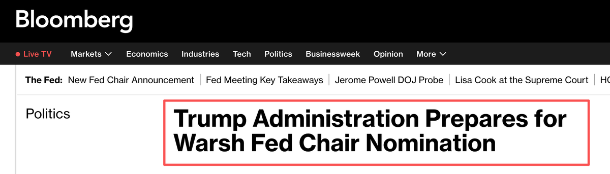 BitwuHQ's tweet photo. Bloomberg: Trump May Appoint a Fed Hawk

Is This Bad News for Bitcoin — or the Start of a Structural Shift?

Bloomberg reports that the Trump administration is preparing to nominate Kevin Warsh as the next Chair of the Federal Reserve.

That alone is enough to make markets pause.

Investors are still waiting for rate cuts.
Yet Trump may be choosing one of the most vocal opponents of “central bank rescues” inside the Fed system.

So the real question isn’t whether Warsh is “crypto-friendly.”

It’s this:

When a rule-driven, anti-liquidity Fed chair collides with a fiscally aggressive, anti-establishment presidency — does Bitcoin behave like a risk asset, or like an escape valve?

Who Is Kevin Warsh?

Kevin Warsh (born 1970) represents a rare combination of Wall Street, the White House, and the Federal Reserve.

In one sentence:

He is widely seen as one of the most hawkish figures within the Fed ecosystem.
Career background (briefly):

Stanford (Public Policy, Economics & Statistics)
Harvard Law School (JD)
Early career at Morgan Stanley (M&A, capital markets)
Senior economic advisor in the George W. Bush White House
Appointed to the Federal Reserve Board in 2006 (youngest member at the time)
Active participant during the 2008 financial crisis
Later roles at Stanford (Hoover Institution), private family offices, and multiple corporate boards
What defines Warsh isn’t his résumé — it’s his worldview.

He witnessed firsthand how QE evolved from an emergency tool into a permanent crutch.

That experience shaped him.

Warsh’s Core Philosophy

Warsh is not “anti-markets.”

He is anti-dependence.

His positions are consistent:
Strong emphasis on monetary discipline

Defense of central bank independence
Skepticism toward prolonged asset purchases
Concern that easy money fuels asset bubbles and moral hazard
This puts him directly at odds with the market’s most comfortable assumption of the past decade:
“When things break, the Fed will step in.”

Under Warsh, that assumption would be tested.

Is Kevin Warsh Bad for Bitcoin?

Short-term: probably.

Long-term: not necessarily.

This is where most takes go wrong.

1. Short-term pressure is real
If Warsh leads the Fed, tighter policy is a real possibility:

Balance sheet reduction

Higher-for-longer rates

Less tolerance for financial stress
That means:
Lower liquidity
Higher volatility

Pressure on assets that depend on cheap leverage
Bitcoin would not be immune in the short run.
2. But Warsh is not anti-Bitcoin
Importantly, Warsh has publicly stated that Bitcoin “does not make him uneasy.”

He has compared it to gold:

Volatile, yes

But potentially a sustainable store of value

A source of market discipline rather than chaos

That matters.
Warsh’s objection isn’t to Bitcoin itself —
it’s to monetary systems without rules.
The Trump + Warsh Combination Matters

This is the part markets are underestimating.

Trump represents:
Fiscal expansion

Political disruption

Institutional friction

Pressure on global coordination

Warsh represents:
Rules
Discipline
Resistance to monetary shortcuts
That combination creates institutional tension, not stability.

Historically, such tension doesn’t favor equities or highly financialized assets.
It tends to favor one category:
Non-sovereign, non-manipulable hard assets.
In today’s market, that list is very short:

Gold

Bitcoin

Bitcoin’s Real Driver Isn’t Liquidity

This is the key misunderstanding.

Bitcoin doesn’t ultimately rise because money is easy.
It rises because trust in monetary coordination weakens.
Liquidity drives cycles

Institutional credibility drives adoption

A hawkish Fed chair combined with an aggressive fiscal presidency doesn’t remove risk.

It repackages it.

And that’s precisely where Bitcoin’s long-term narrative strengthens.
Where the Pressure Will Be Heaviest
While Bitcoin may benefit structurally, other parts of crypto face headwinds.
Kevin Warsh has:

Supported forms of central bank digital currency (CBDC), especially wholesale versions

Framed crypto less as “money” and more as software

Raised concerns about private stablecoins and payment reliability

This suggests:

Stablecoins may face regulatory tightening

DeFi leverage may face scrutiny

Meme-driven speculation becomes more vulnerable to liquidity withdrawal
Bitcoin and “everything else” will not trade the same.
Bottom Line
If Kevin Warsh becomes Fed Chair:

Short-term:Higher volatility, risk-off pressure, weaker liquidity conditions
Long-term:Stronger case for Bitcoin as a neutral store of value in a fractured system
The biggest mistake would be to treat this as a simple “hawk = bearish” story.
This isn’t about rates.

It’s about whether markets continue to believe in unlimited rescue — or are forced to confront institutional limits.

And historically, that’s when Bitcoin stops behaving like a tech stock

and starts behaving like an answer to the system itself.