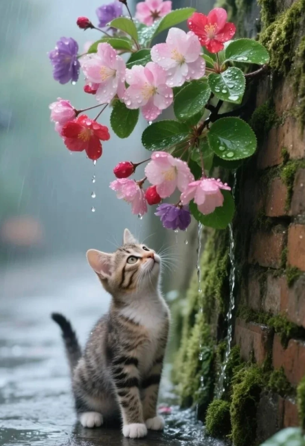 dlrb55's tweet photo. 雖然是 AI 生成的畫面🌧️🌸 小貓盯著雨中美花的模樣，還是被軟萌到啦😻✨ https://t.co/3mb3RS1yyL