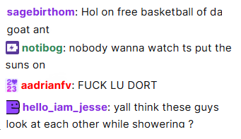 Slasher's tweet image. the NBA finally put a game on Twitch I know one of these guys in chat is KD's burner