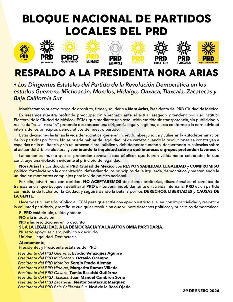 OctavioOcampo_'s tweet photo. Respaldo firme a @AriasNora, presidenta del #PRDCDMX. Defendemos legalidad, democracia y autonomía. No a decisiones arbitrarias. Unidad. https://t.co/8lV4Ybdtcv