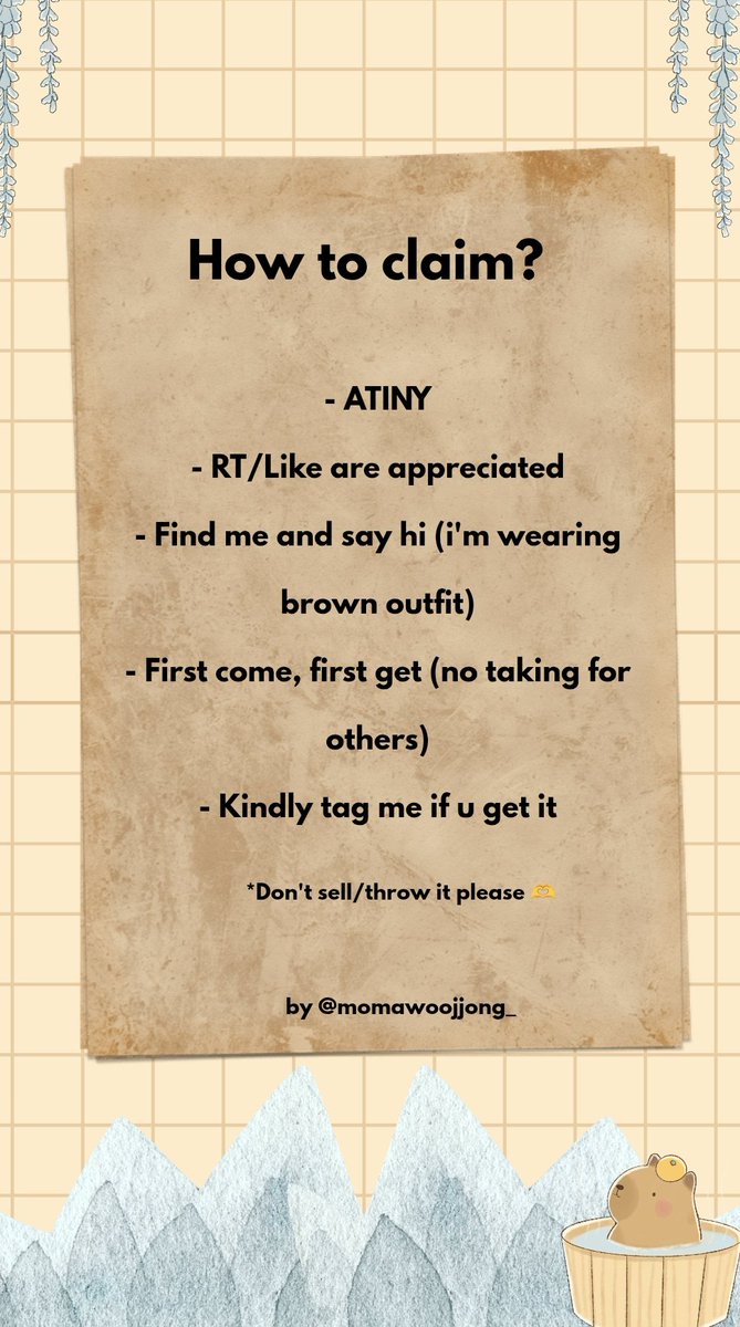 [PLEASE RT AND LIKE]

🐣ATEEZ IN YOUR FANTASY IN JAKARTA FREEBIES🐣
☆by momawoojjong_☆

📍ICE BSD  (place tba/sanemune yo hehe)
📅 Jan 31st, 2026
👚 Brown 
🛍 Open trade di tempat aja yak
‼️ Limited quantity

details on picts 🤍

#ATEEZINYOURFANTASY  #ATEEZinJakarta #ATEEZ