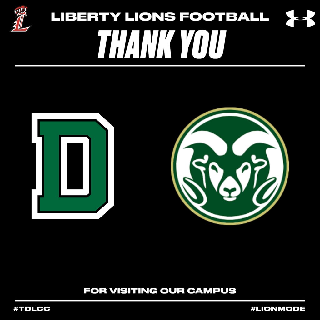 LibertyFBLions's tweet photo. Thank you to the following schools for visiting our student athletes today!

@DartmouthFTBL 
@CSUFootball 

#TDLCC  #LIONMODE https://t.co/KKOp9TlwHk