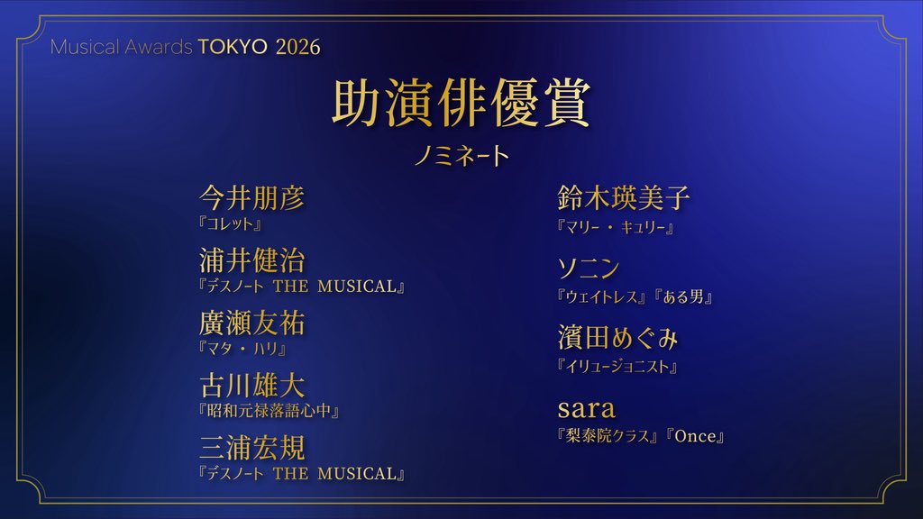 musicalawardstk's tweet photo. #MusicalAwardsTOKYO 2026

◤助演俳優賞　ノミネート◢

今井朋彦
浦井健治
廣瀬友祐
古川雄大
三浦宏規
鈴木瑛美子
ソニン
濱田めぐみ
sara

#ミュージカル・アワーズ・トウキョウ https://t.co/TgOFxugwUz