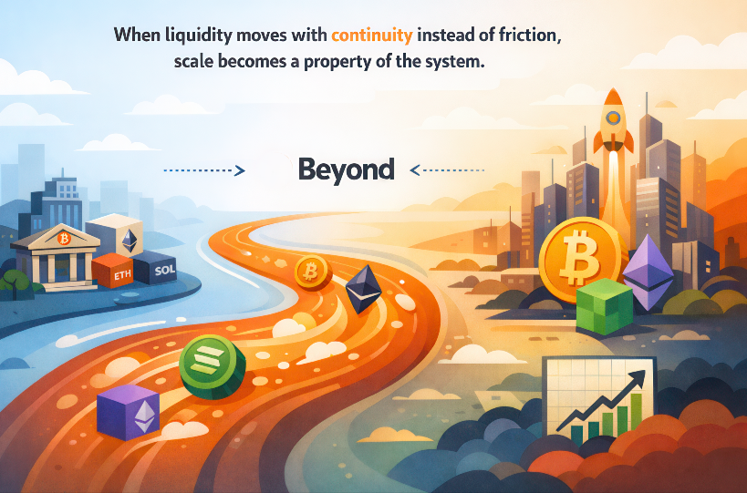 Cryptking_1's tweet photo. 🚨     Continuity: Beyond Tech.

Continuity: the ability for something to move without resetting state or trust.

@beyond__tech is building a coordination layer.

It treats Bitcoin as the settlement and capital layer.

While routing execution and user interaction across multiple environments.

All without breaking continuity.

Beyond is standardizing how value moves and how the user moves to value.

Bitcoin liquidity stays intact while allowing it to participate wherever execution and users already exist.

Continuity unlocks scale.

Dive in.