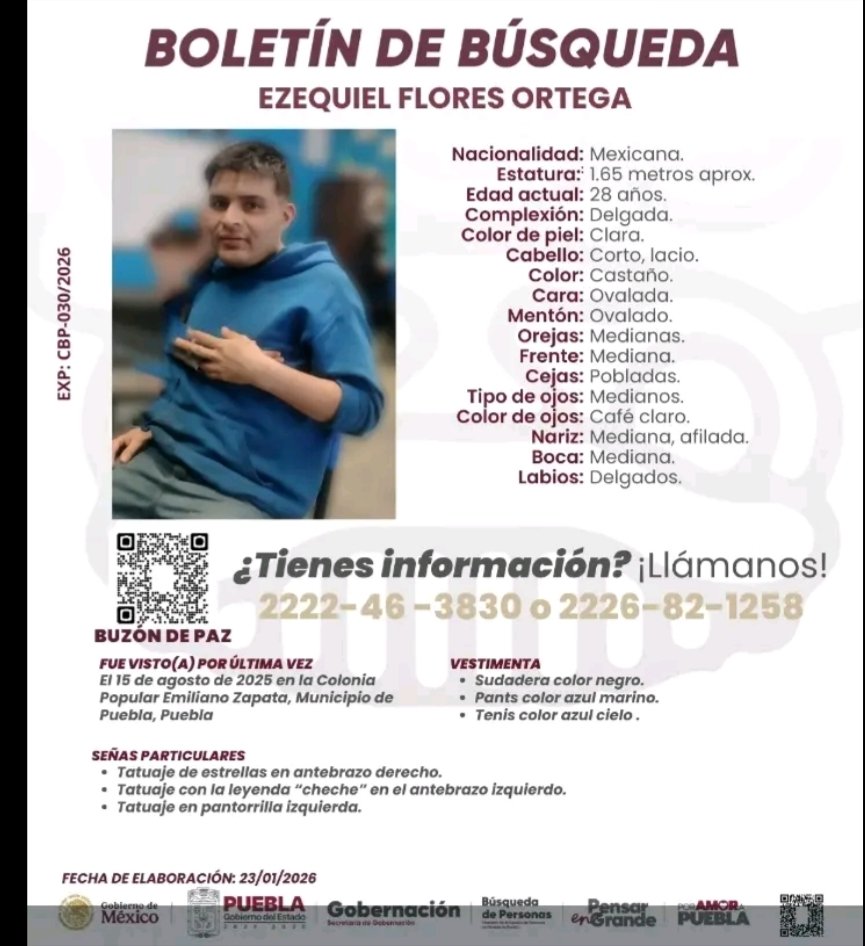 #URGENTE Ayuda para localizar a Ezequiel flores Ortega desapareció en agosto de 2025. Cualquier información será importante comuníquela a la <a href="/FiscaliaPuebla/">FGE Puebla</a>