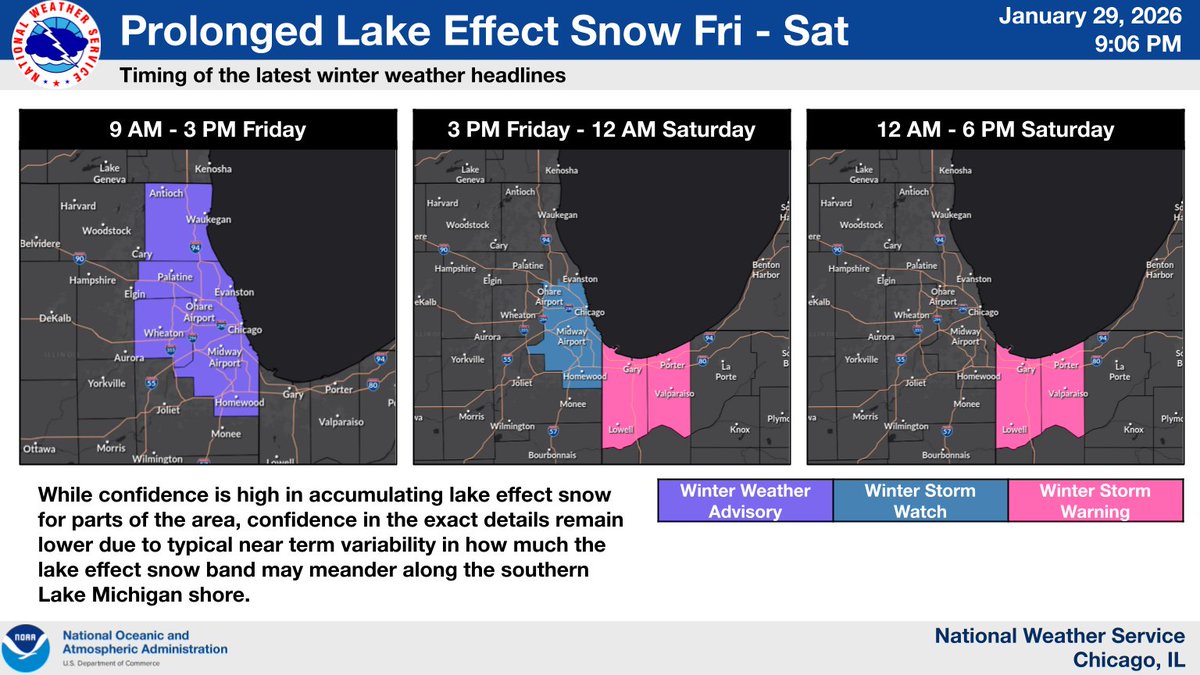 NWSChicago's tweet image. Overall no big changes to the forecast this evening in regards to tomorrow's lake effect snow. However, confidence is growing for a band of heavy lake effect snow in NW IN and so we have upgraded to a Winter Storm Warning for Lake (IN) and Porter Counties. #ILwx #INwx