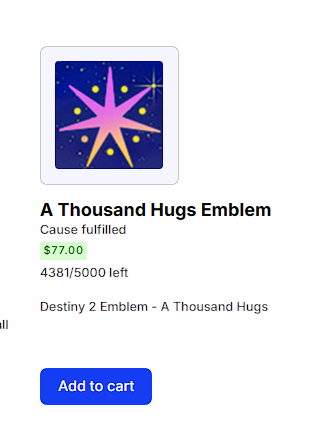 <a href="/BungieLove/">Bungie Foundation</a>  has enabled "A Thousand Hugs" emblem on everyone's fundraising page. If you wanted to grab one still you should grab it from my page! 💙❤️
#Game2Give2026 #BungieFoundation
tilt.fyi/hi8gQ2T8CT