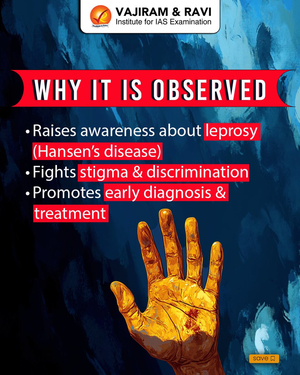 VajiramRavi's tweet image. World Leprosy Day, observed on 30 January, highlights the fight against leprosy (Hansen’s disease), focusing on ending stigma, promoting early diagnosis, and ensuring timely treatment
#WorldLeprosyDay #LeprosyAwareness #HansensDisease #EndLeprosy #PublicHealth #EarlyDiagnosis