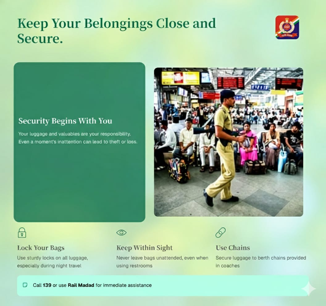 ErRpf's tweet image. Your safety is our priority.
Keep your belongings safe and secure while traveling by train.
Stay alert, stay safe — RPF is always there to help. 🚆For any help, dial 139. 
#RPF #RailwaySafety #SafeJourney
@RPF_INDIA
@RailMinIndia
@EasternRailway
