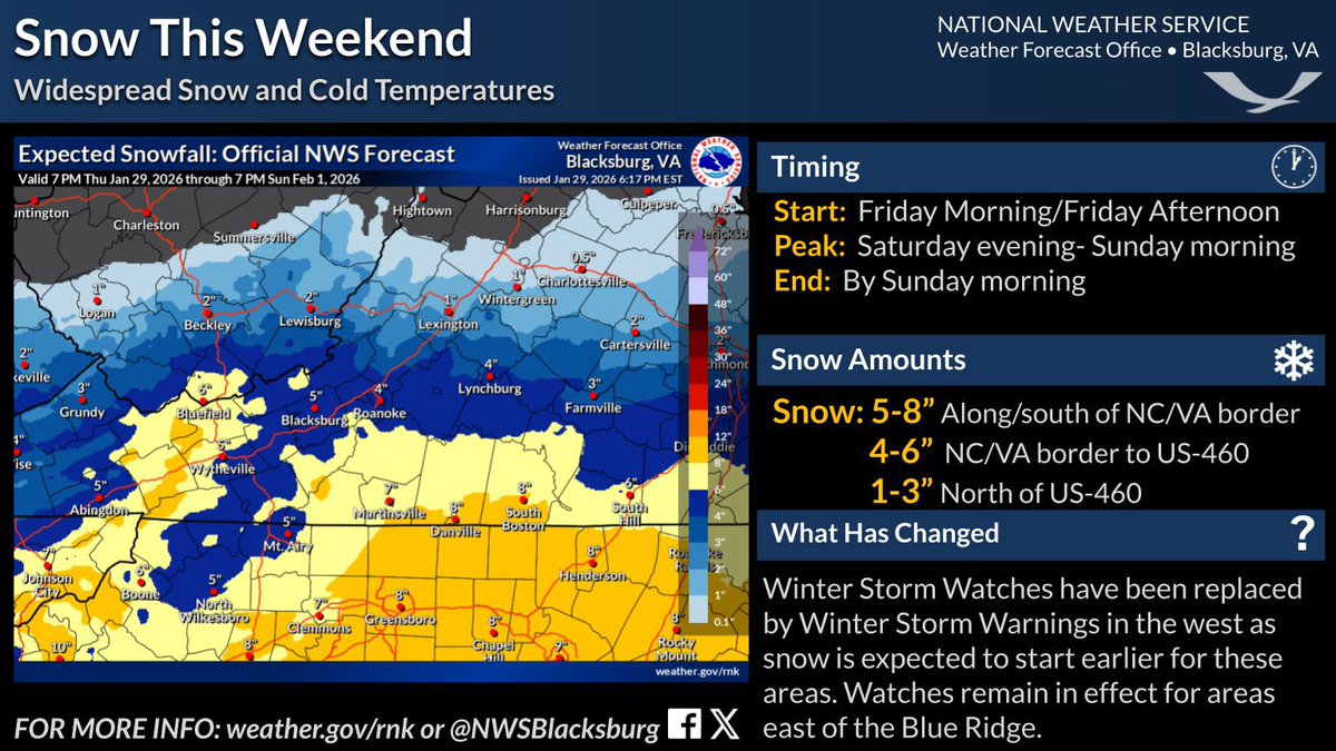 A Winter Storm Warning is in effect for Watauga County from 1 pm Friday (1/30/26) until 1 pm Sunday (2/1/26). Accumulating snow and strong winds will cause hazardous driving conditions. Limit travel if possible. Monitor trusted sources for the latest forecast information.