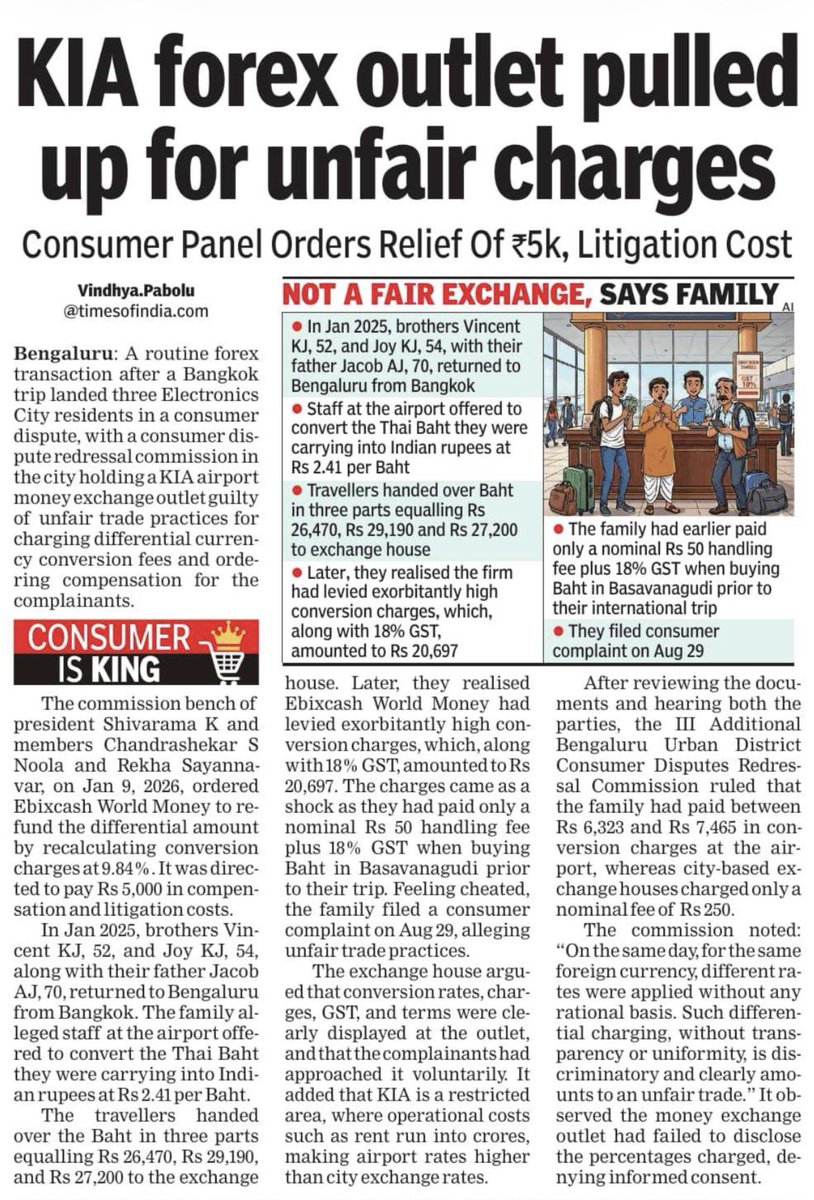 vindhya_pabolu's tweet image. Exchanging leftover #Foreign currency at the #airport? Think twice. A #Bengaluru family learnt it the hard way after a #Bangkok trip—leading to a consumer #court rap for a KIA forex outlet over unfair charges. #ConsumerRights

@TOIBengaluru 

timesofindia.indiatimes.com/city/bengaluru…