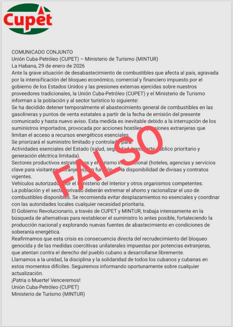 La nota difundida en algunos medios digitales es FALSA. CUPET ha confirmado que el suministro a la red de servicentros del país no se ha detenido. Recordamos además que el Mintur no está vinculado a la distribución de combustibles. Manténgase informado por medios oficiales.