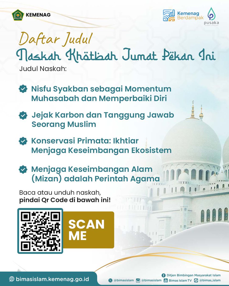 Mau naskah khotbah Jumat yang menarik dan bervariasi?

Kementerian Agama menyediakan naskah khotbah Jumat yang dapat diakses secara gratis dan di-update tiap pekan lho!

Khusus pekan ini, ada beberapa judul khotbah yang dapat diakses.
Yuk, segera pindai barcode di atas, ya! 😉