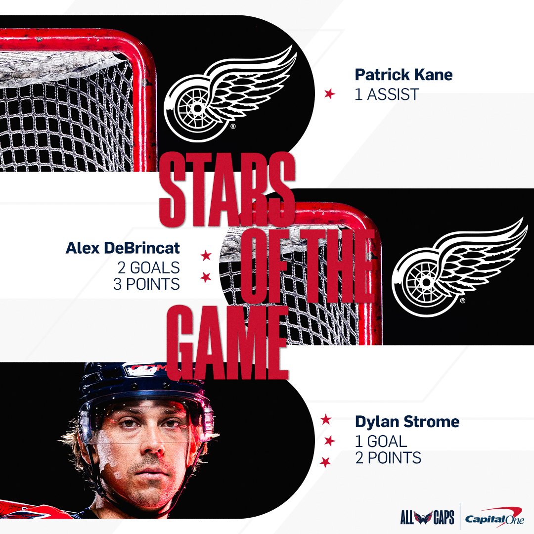 Capitals's tweet photo. #CapsWings 3 ⭐️’s of the game

⭐️: DET - Kane
⭐️⭐️: DET - DeBrincat
⭐️⭐️⭐️: Dylan Strome

#ALLCAPS https://t.co/PWtrhLu8Yt