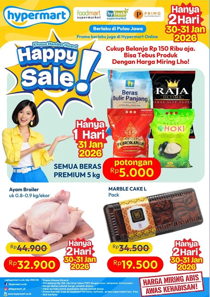katalogpromosi's tweet image. 🚨 Hypermart lagi HAPPY SALE cuma 2 hari 😱
Produk rumah tangga, beras, sampai ayam 1 ekor ada harga spesial

Jangan lewatkan, klik untuk cek detailnya 👉 katalogpromosi.com/promo-hypermar…
#Hypermart #HappySale #PromoRumahTangga