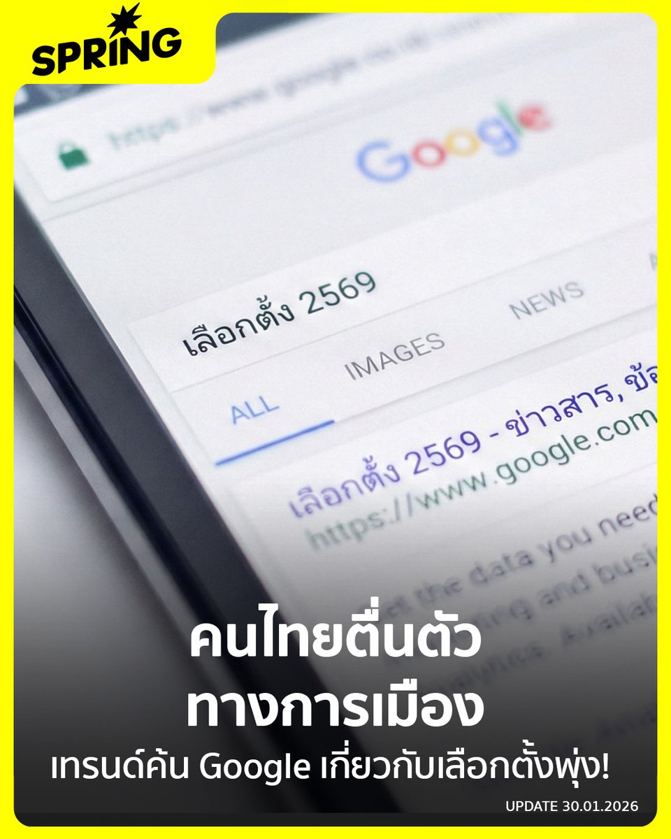 SPRiNGNEWS_TH's tweet photo. รู้ไหมคนไทยเสิร์ชอะไรบ้างเกี่ยวกับเลือกตั้ง ? Google Trends เผยเทรนด์คำค้นหาก่อนการเลือกตั้ง 2569  สะท้อนความตื่นตัวของคนไทยต่อการเมืองและการใช้สิทธิเลือกตั้ง
#SPRiNG #SPRiNGnews #Googletrend #เลือกตั้ง2569 
https://t.co/1eApnOkMAH https://t.co/WjhIQmBQNI